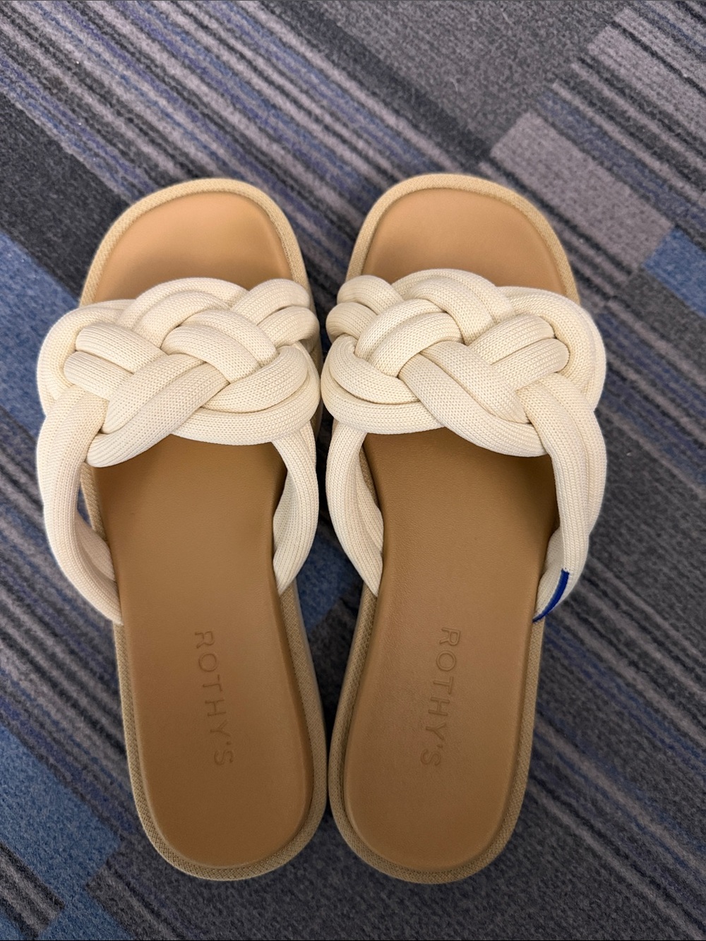 Rothy's Cream Braided Slide Sandals with Tan Footbed